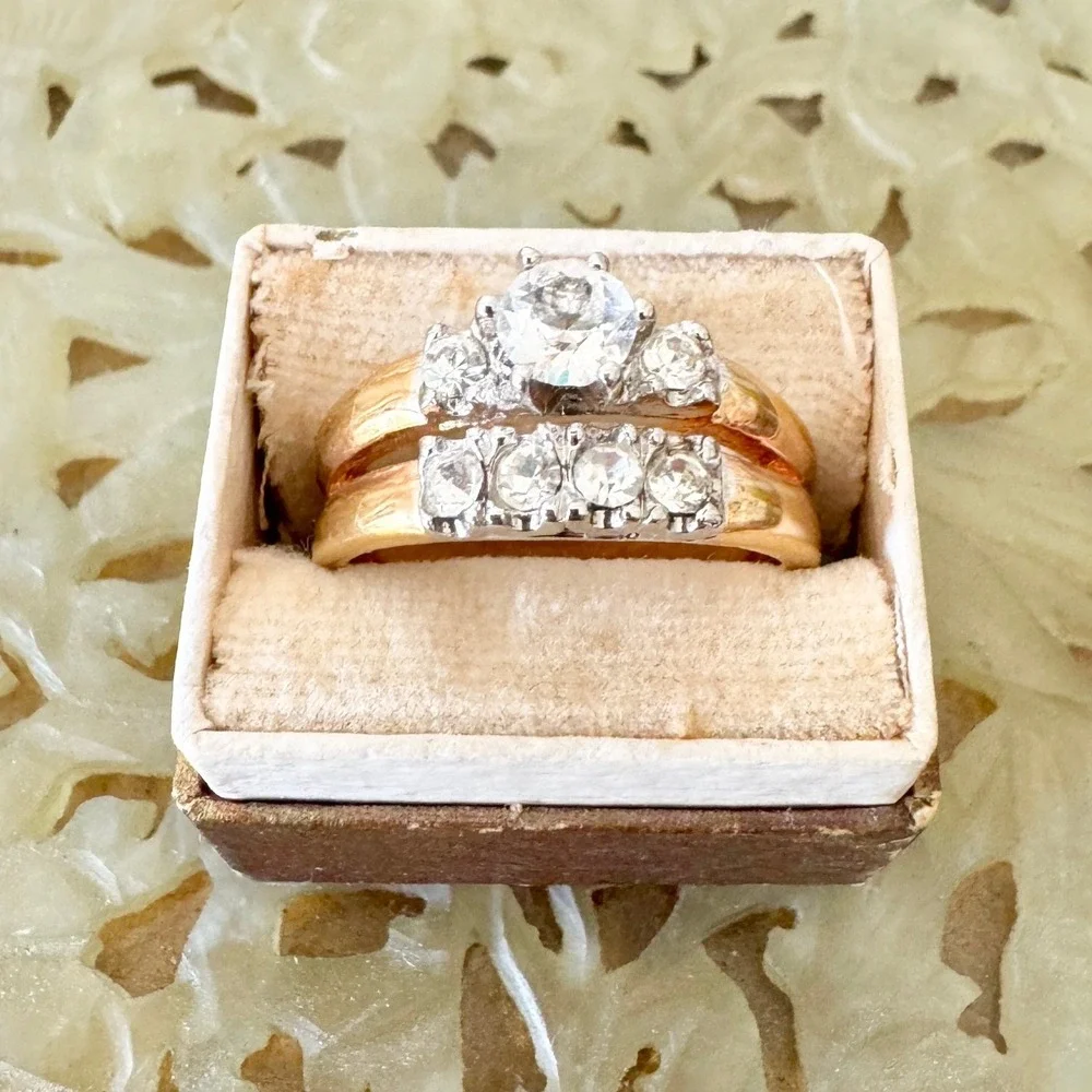 Vintage Cubic Zirconia Engagement Wedding Ring Double Band 18kt Gold Plated Sz 9